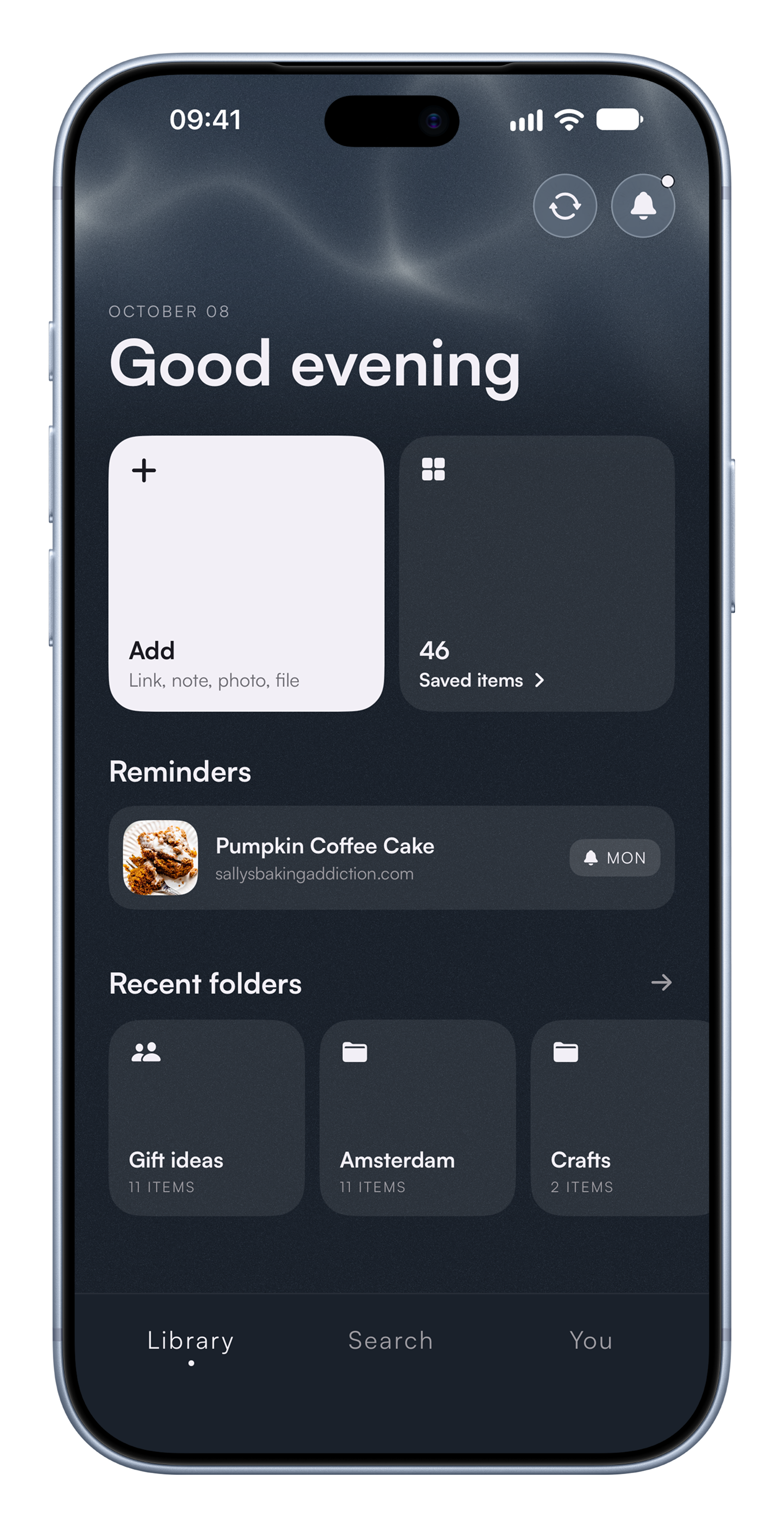 The app's Library screen: saved items in a grid